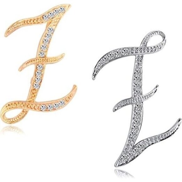 Initial Letter Z Brooch Pin Fashion Silver and Gold with Crystals Pack of Two - Picture 1 of 10